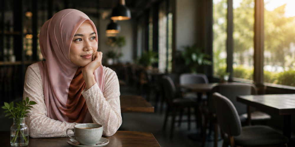 Wanita Muslim sedang menikmati suasana tenang di kafe