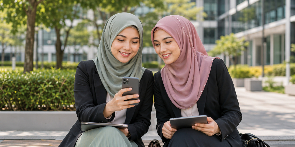 Dua wanita Muslim menggunakan telefon dan tablet bersama
