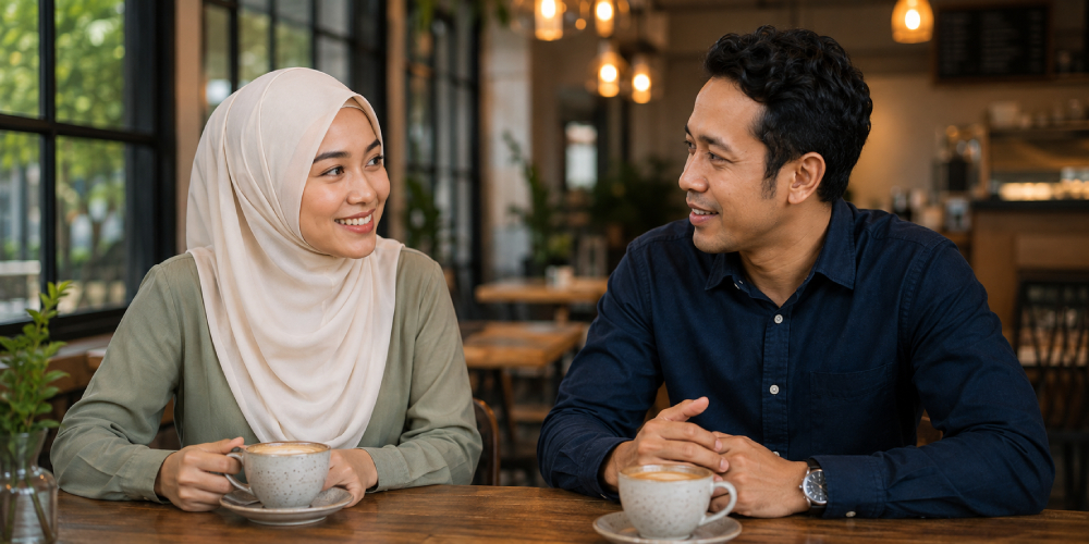 Pasangan Muslim berbual dan saling mengenali di kafe